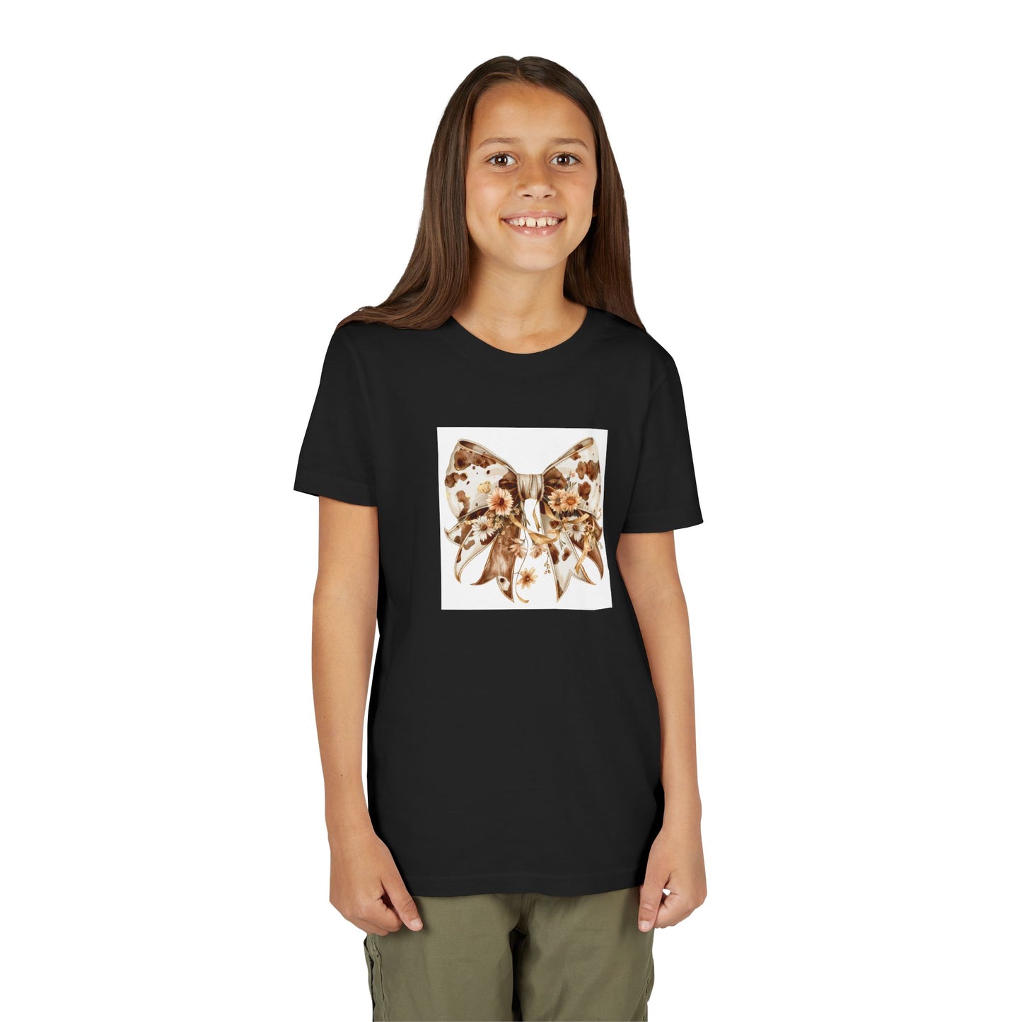 Youth Short Sleeve Tee - Western Cow Print Bow with Floral Accents Clipart - Cute Summer T-Shirt for Kids