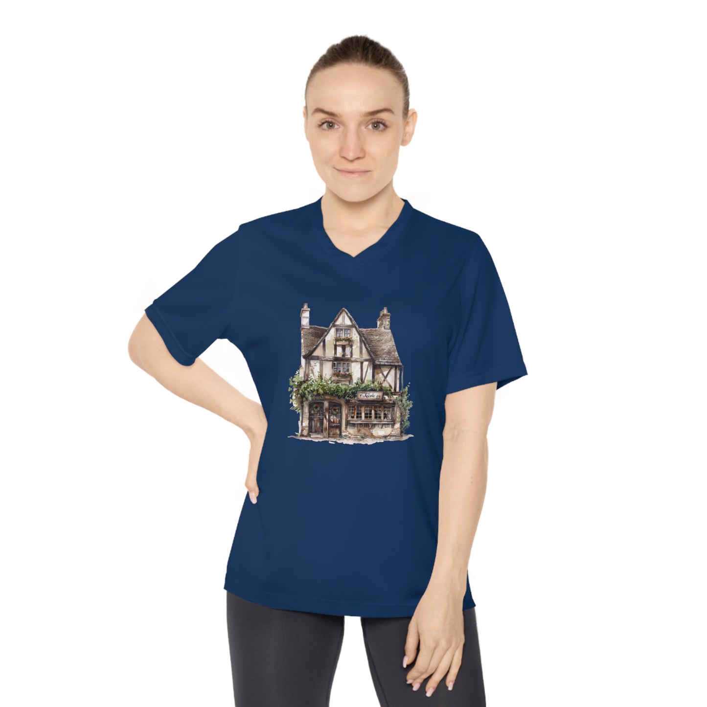 WomenPerformance V-Neck T-Shirt - Rustic Vintage England House Artwork