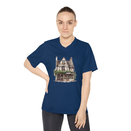 WomenPerformance V-Neck T-Shirt - Rustic Vintage England House Artwork