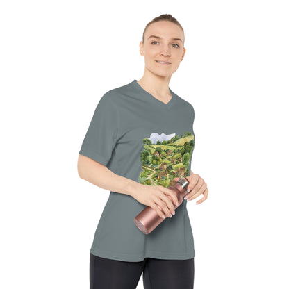 Women's Performance V-Neck T-Shirt - Cozy Countryside Design for Nature Lovers