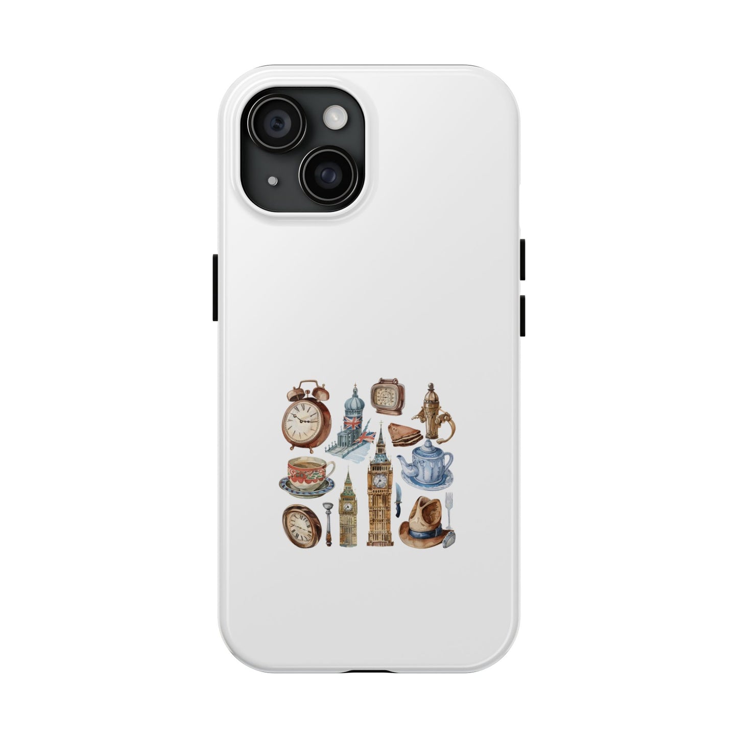 London-Themed Tough Phone Case | Vintage Clock & Tea Design