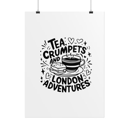 London Adventure Tea Crumpet Rolled Poster, Cute Wall Art, Gift for Tea Lovers, Home Decor, Travel Enthusiasts