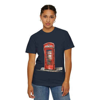 Unisex Garment-Dyed T-shirt - Iconic British Public Telephone - Classic Red Phone Box Design