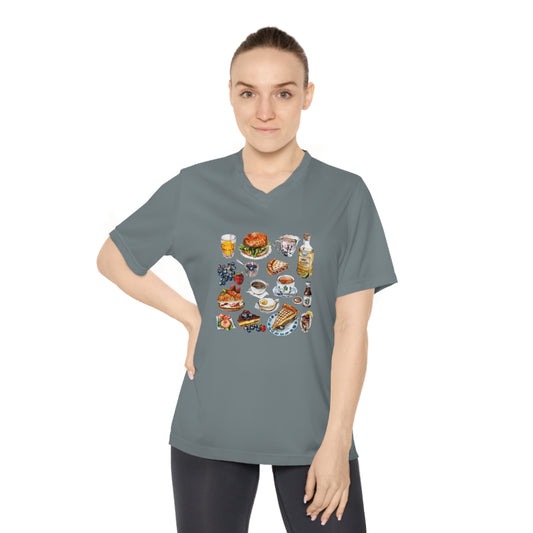 Women's Performance V-Neck T-Shirt - Iconic England Landmarks Illustration Print