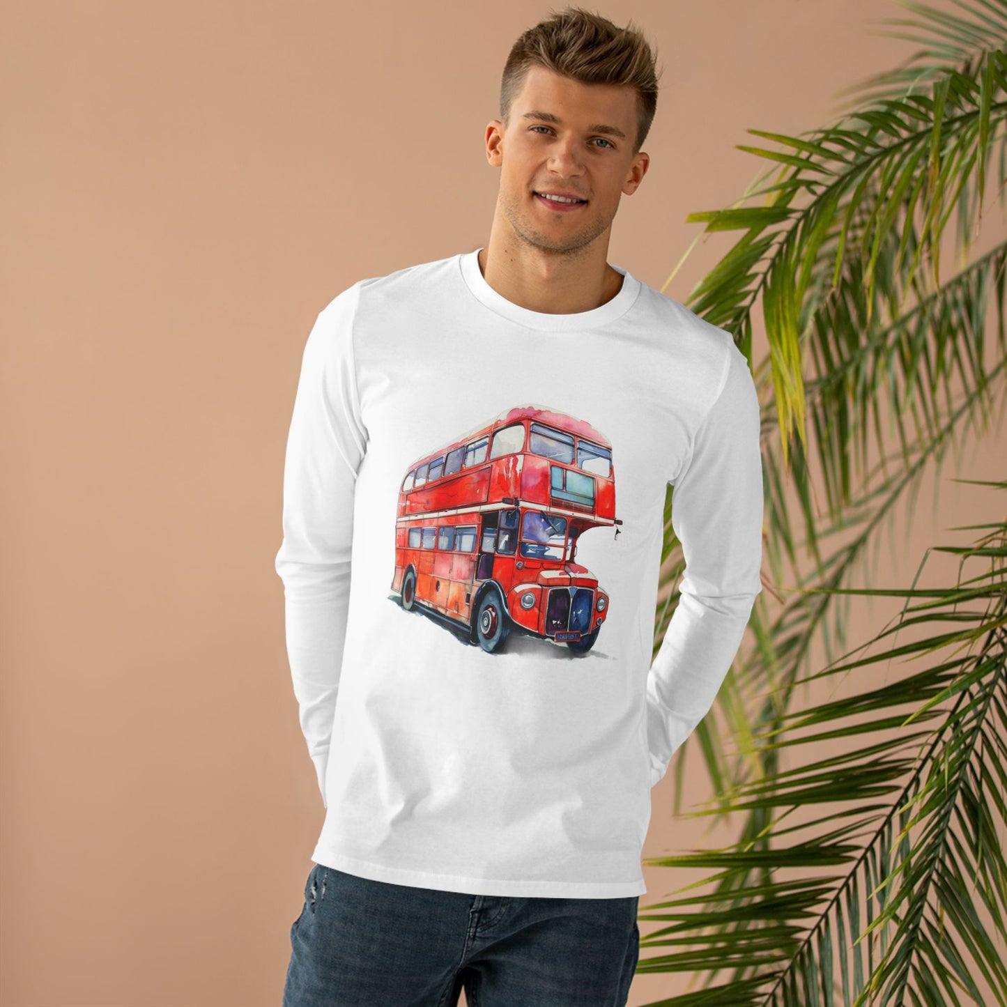 Men’s Base Longsleeve Tee - London Transport English Bus - Iconic Red Double-Decker