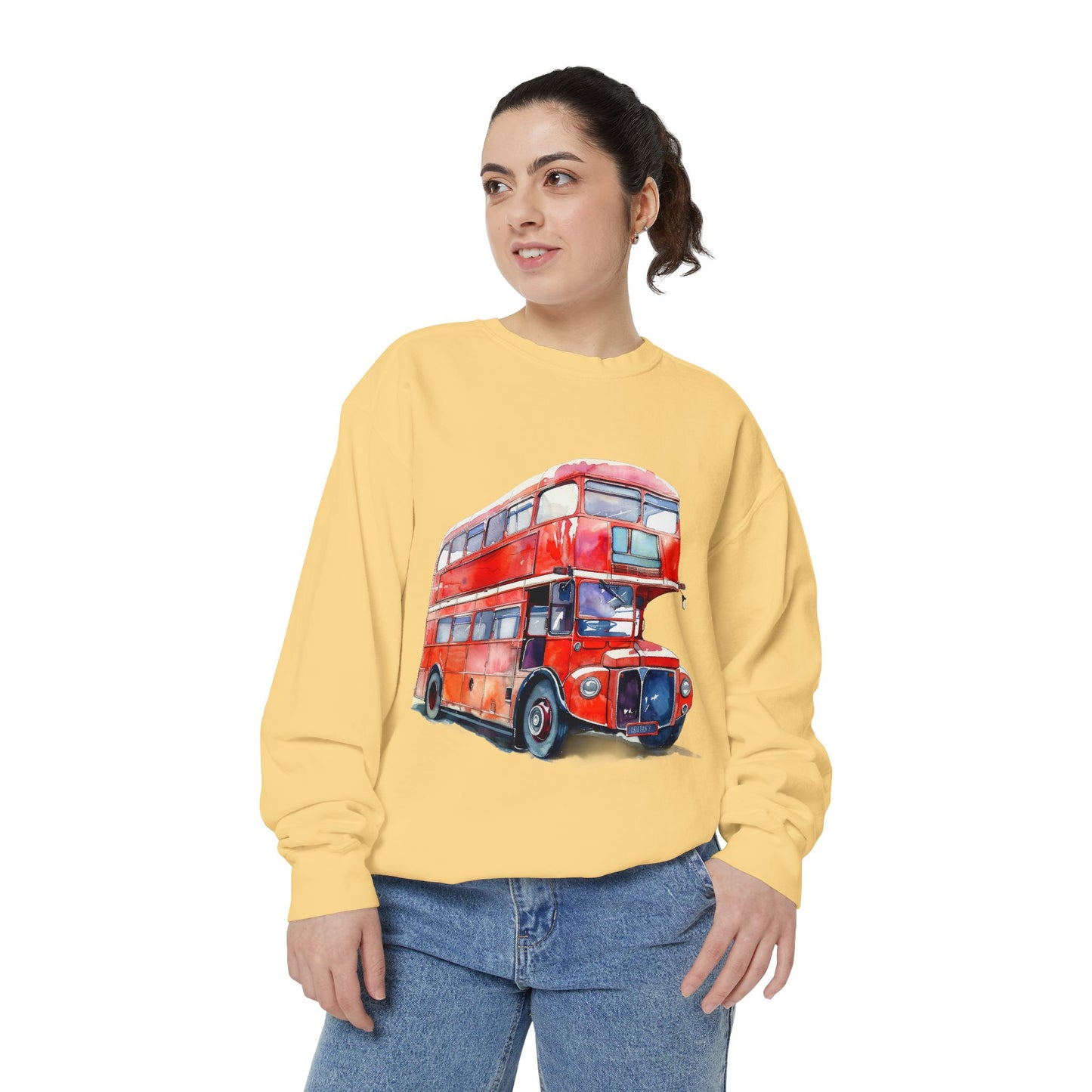 Unisex Garment-Dyed Sweatshirt - Timeless Transit - The Iconic Red Bus of Britain