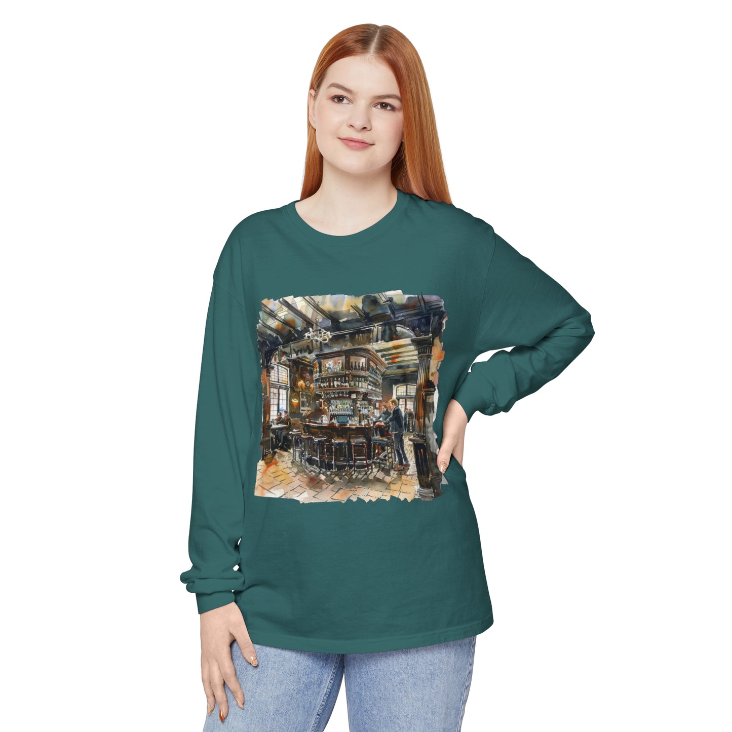 Unisex Garment-dyed Long Sleeve T-Shirt - The Cozy British Pub