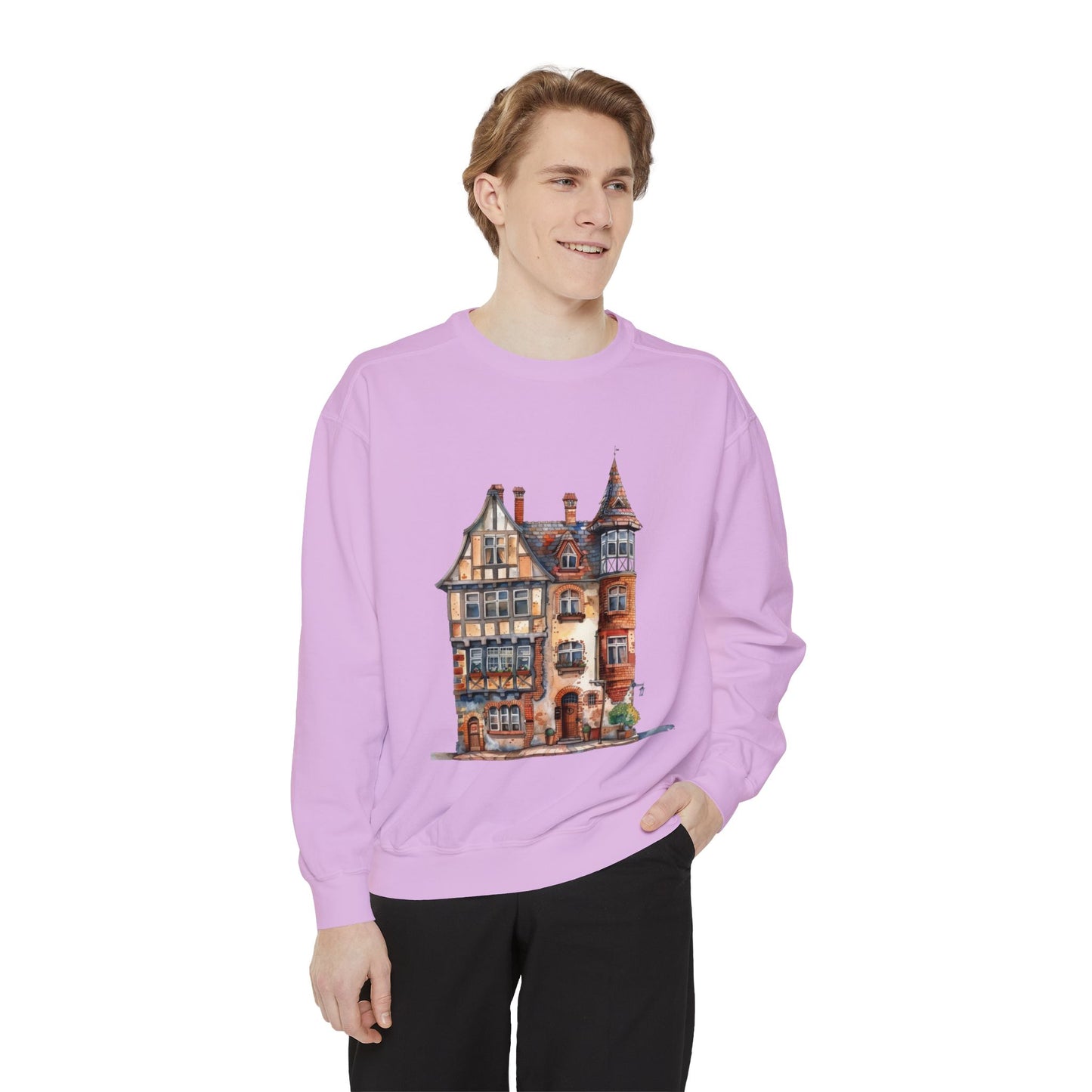 Unisex Garment-Dyed Sweatshirt - British Historic House - Classic Architectural Elegance