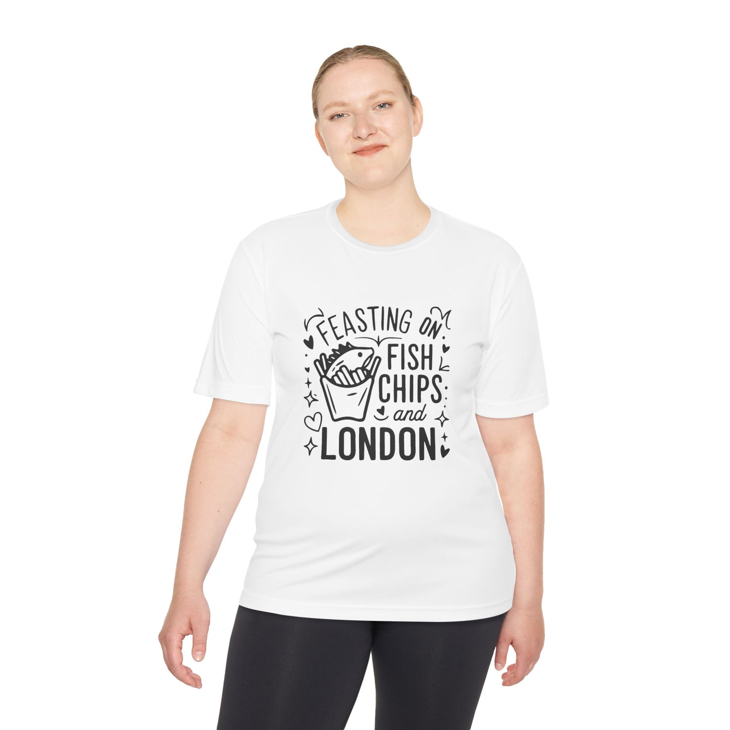 Unisex Moisture Wicking Tee - Feasting on fish chips and London
