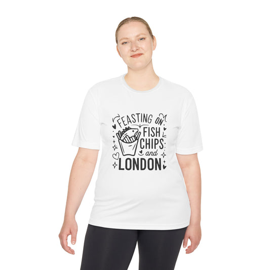 Unisex Moisture Wicking Tee - Feasting on fish chips and London
