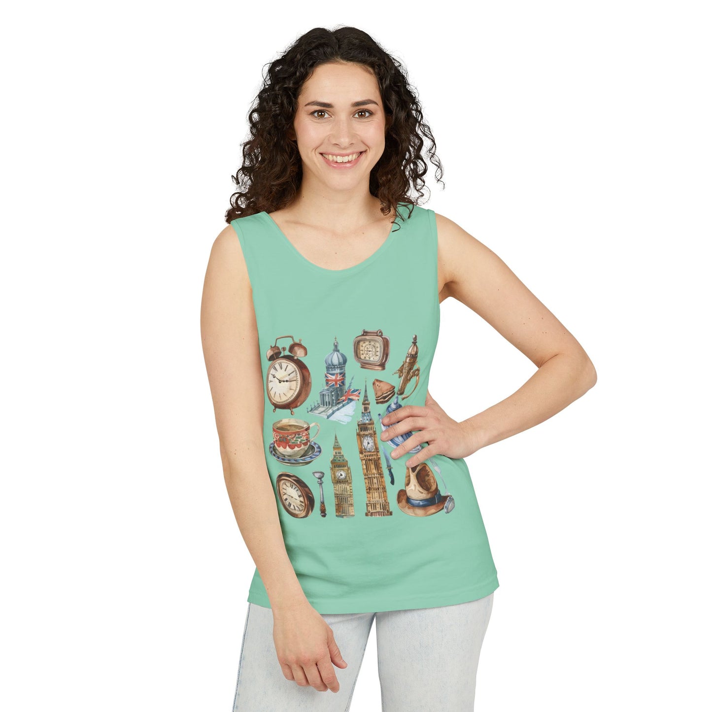 Unisex Garment-Dyed Tank Top - Iconic England Landmarks Illustration Print