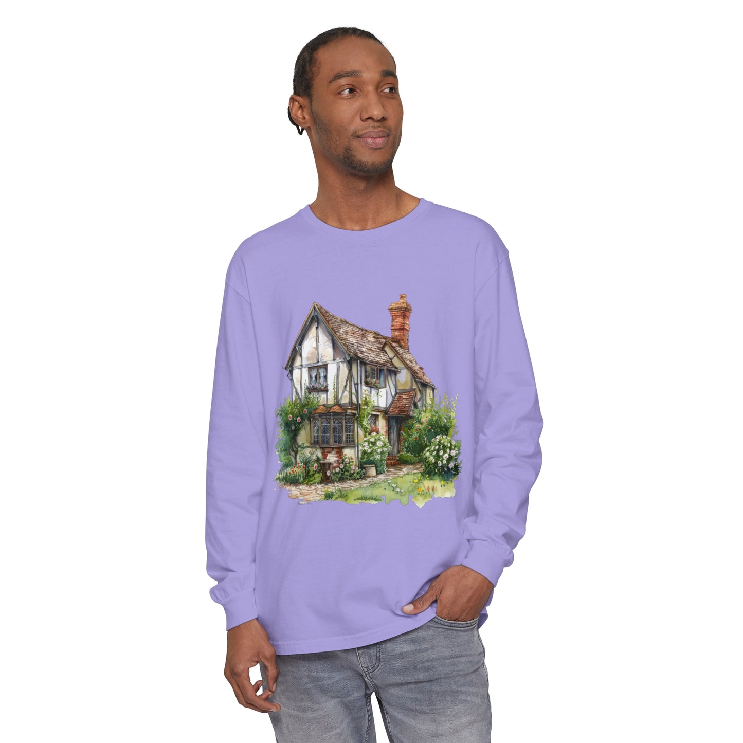 Unisex Garment-dyed Long Sleeve T-Shirt - Charming British House - Classic Design and Warmth