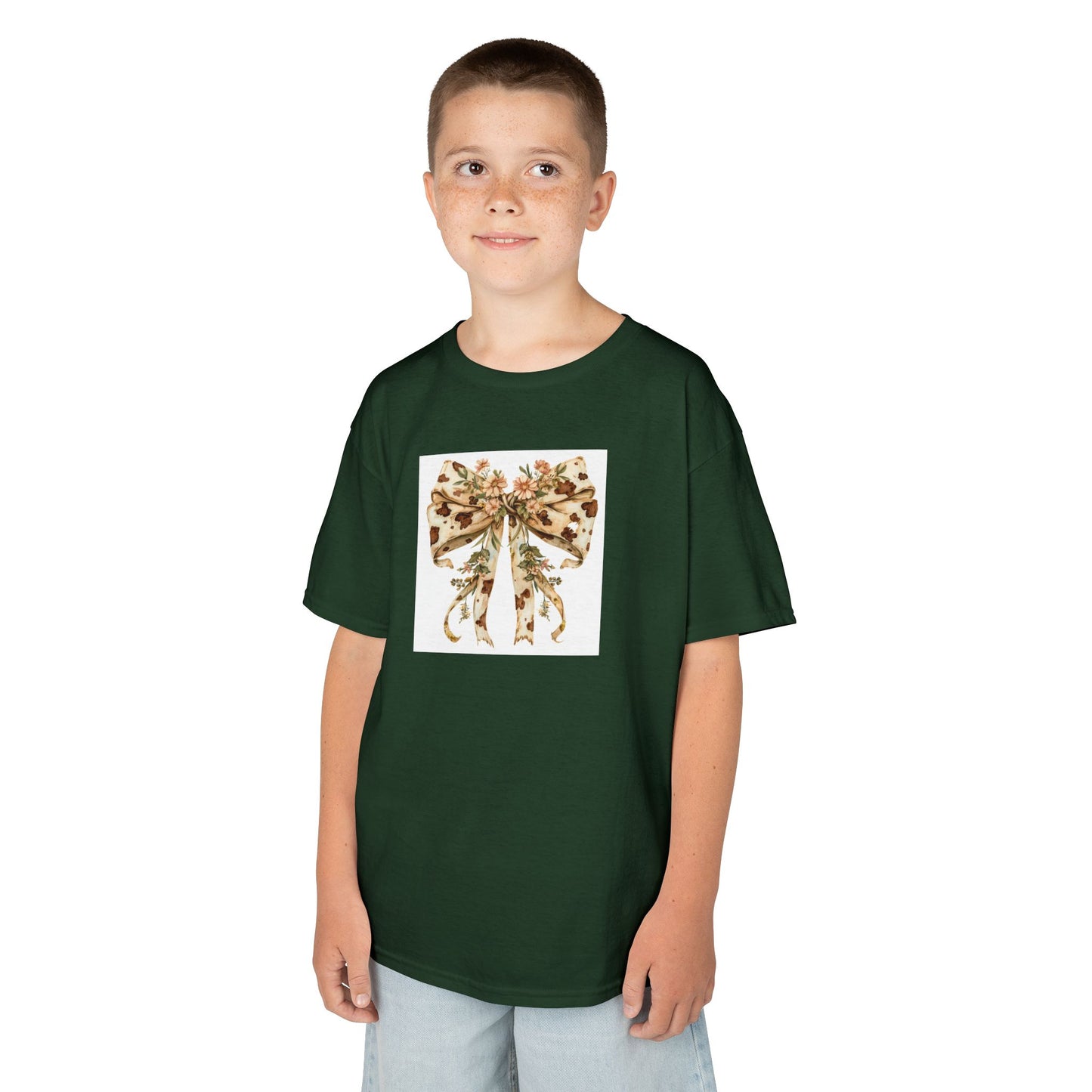 Kids Tee - Boho Western Bow with Flowers and Cow Pattern -  Adorable Heavy Cotton T-Shirt for Little Fashionistas