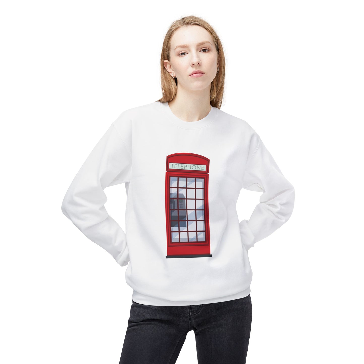 Unisex Midweight Softstyle Fleece Crewneck Sweatshirt - Iconic British Red Telephone Booth Design"