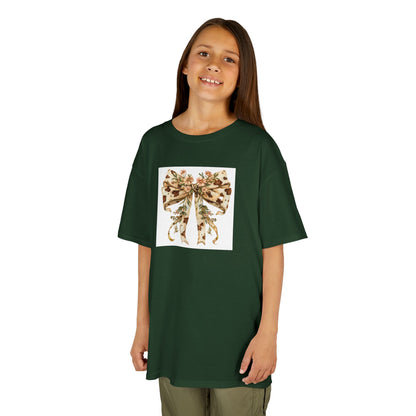 Kids Tee - Boho Western Bow with Flowers and Cow Pattern -  Adorable Heavy Cotton T-Shirt for Little Fashionistas
