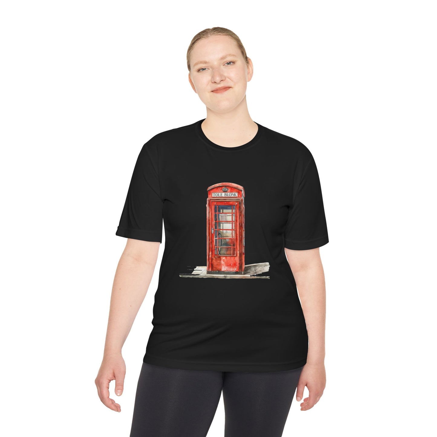 Unisex Moisture Wicking Tee - Red Phone Booth  - Perfect for Travel Lovers