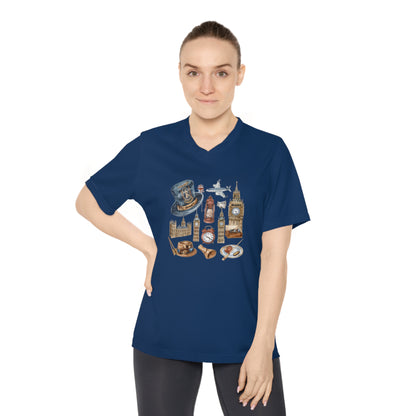 Women Performance V-Neck T-Shirt - Watercolor England Icons Wall Art