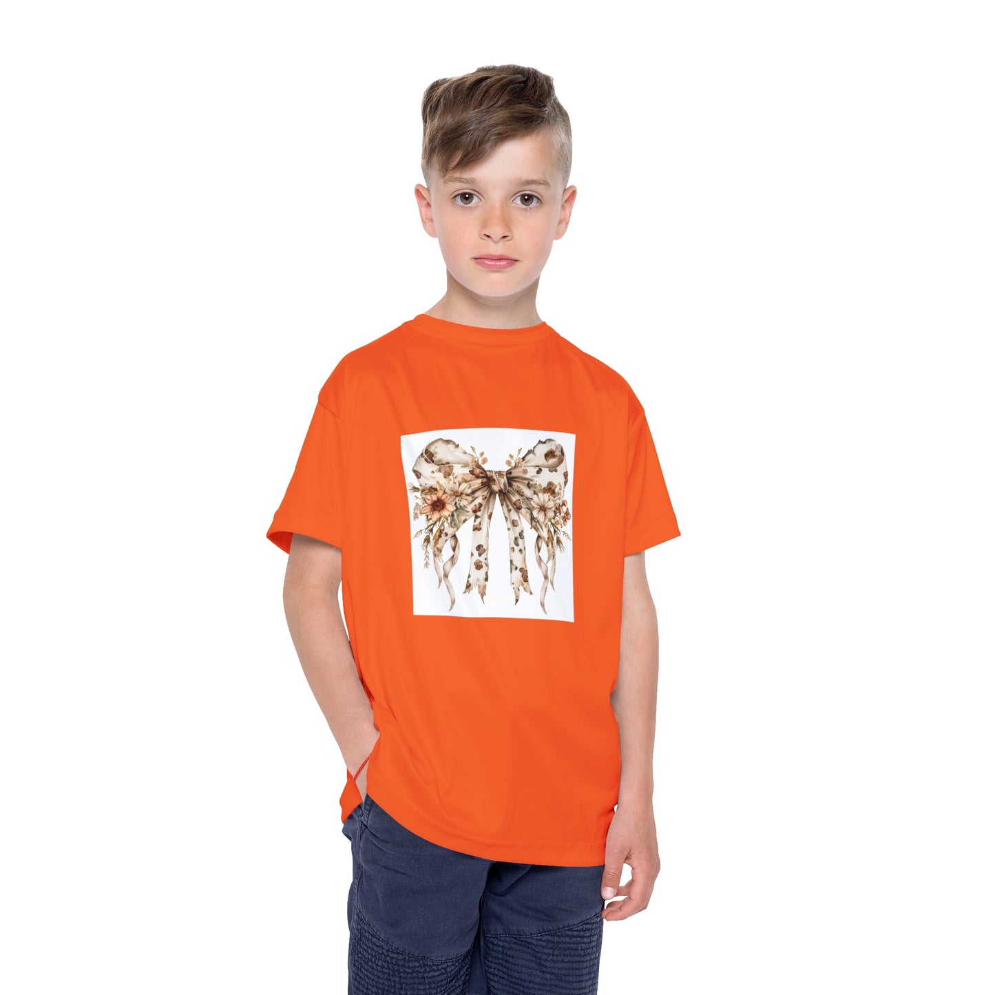 Kids Sports Jersey  - Wildflower and Cow Print Ribbon Bow Clipart - Bright Orange Athletic Tee