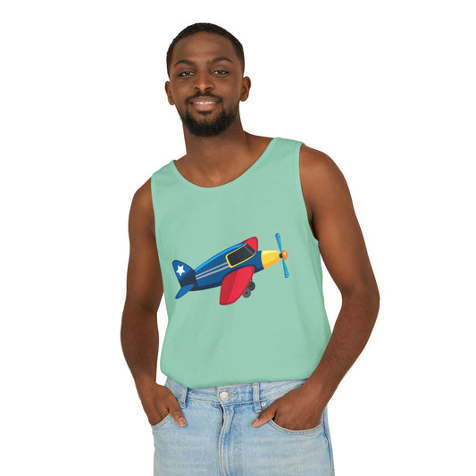 Unisex Garment-Dyed Tank Top - Colorful Vintage Airplane Illustration - Retro Aviation