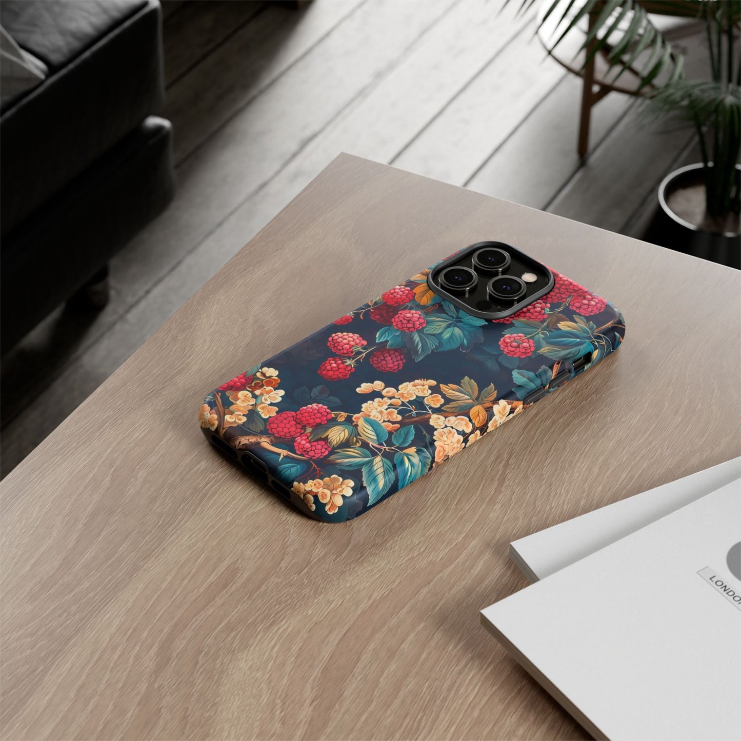 Floral Phone Case with Berry Design, Durable Phone Cover, Floral Print, Gift for Plant Lovers, Nature-Inspired Accessory