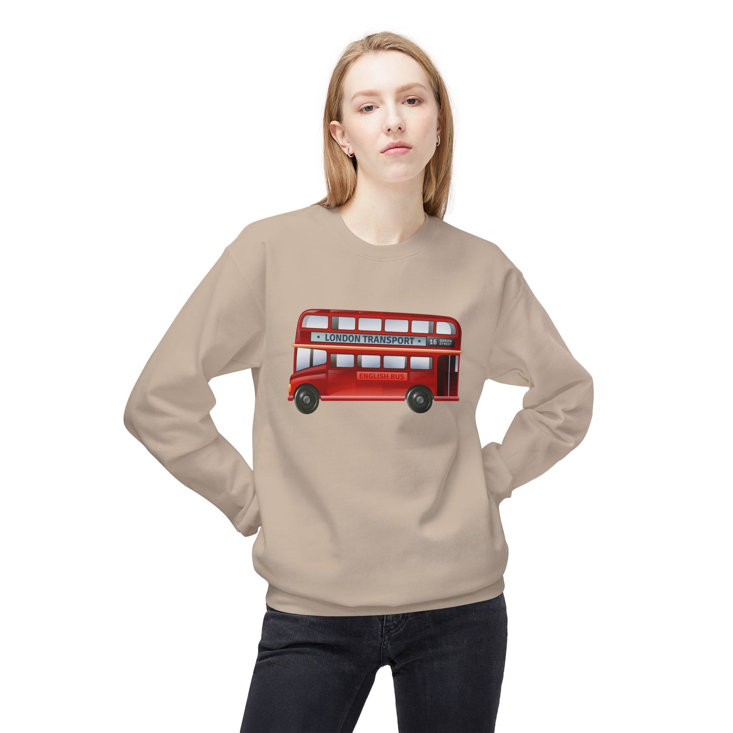 Unisex Midweight Softstyle Fleece Crewneck Sweatshirt - Iconic London Transport English Bus