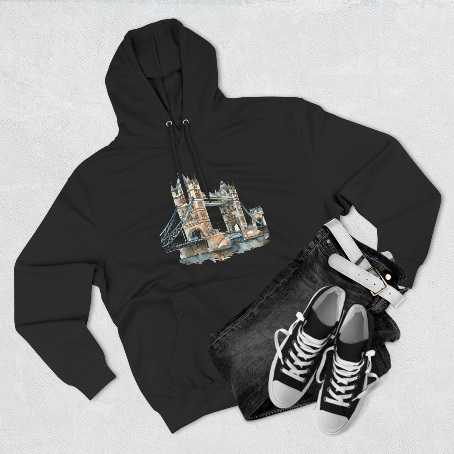 Three-Panel Fleece Hoodie - London Bridge - Iconic Landmark and Historical Beauty