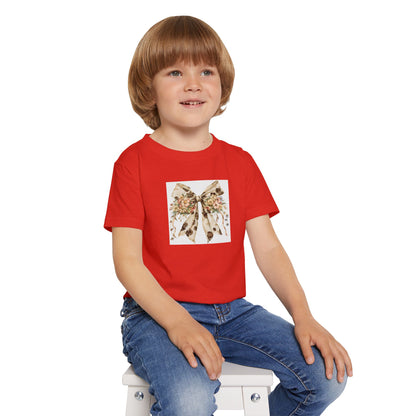 Toddler T-Shirt - Boho Farmhouse Floral Bow with Cow Spots - Adorable Cotton Tee for Kids