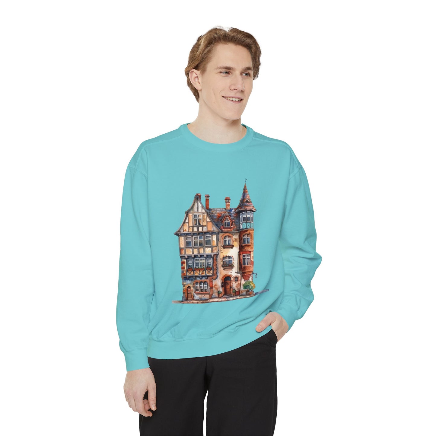 Unisex Garment-Dyed Sweatshirt - British Historic House - Classic Architectural Elegance