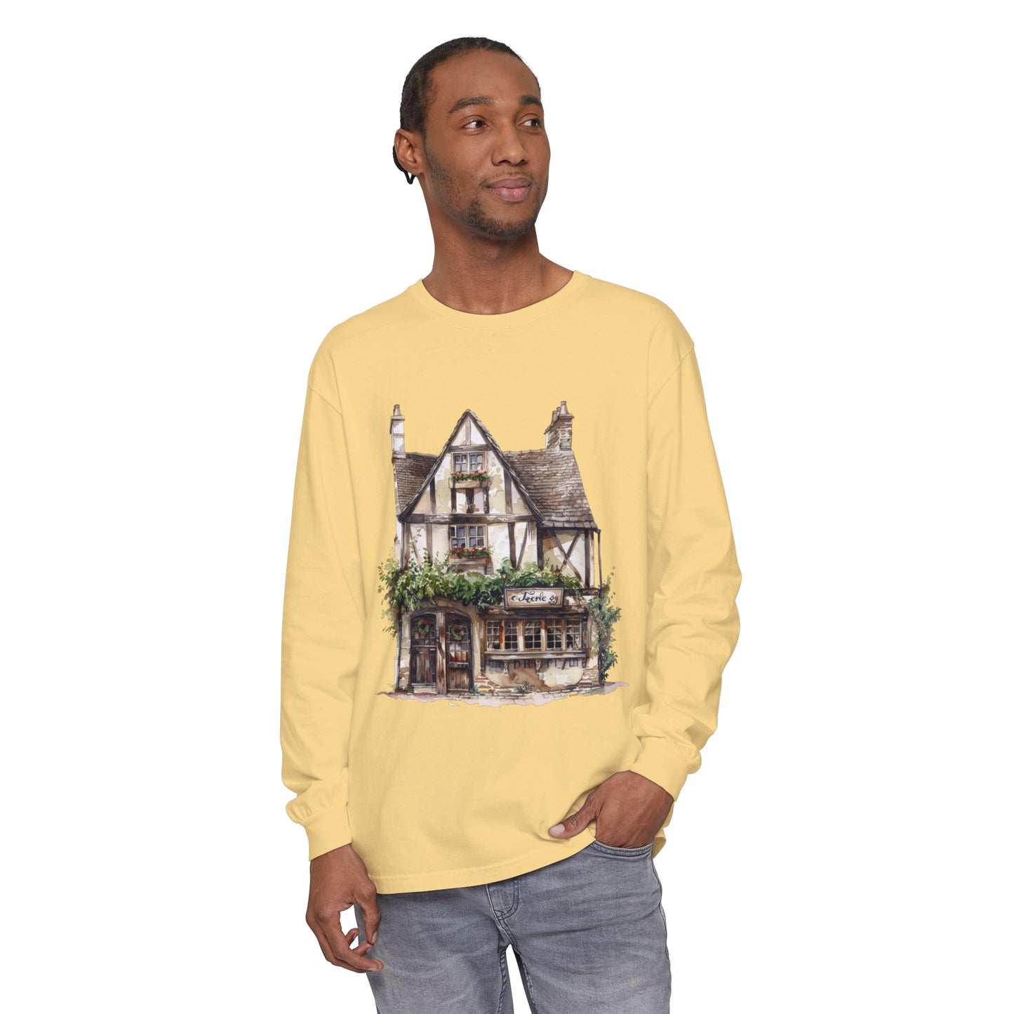 Unisex Garment-dyed Long Sleeve T-Shirt - Charming British House - Classic Design and Warmth