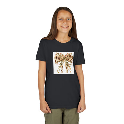 Youth Tee - Country Style Cow Print Bow with Wildflowers - Cute Kids Short Sleeve Shirt