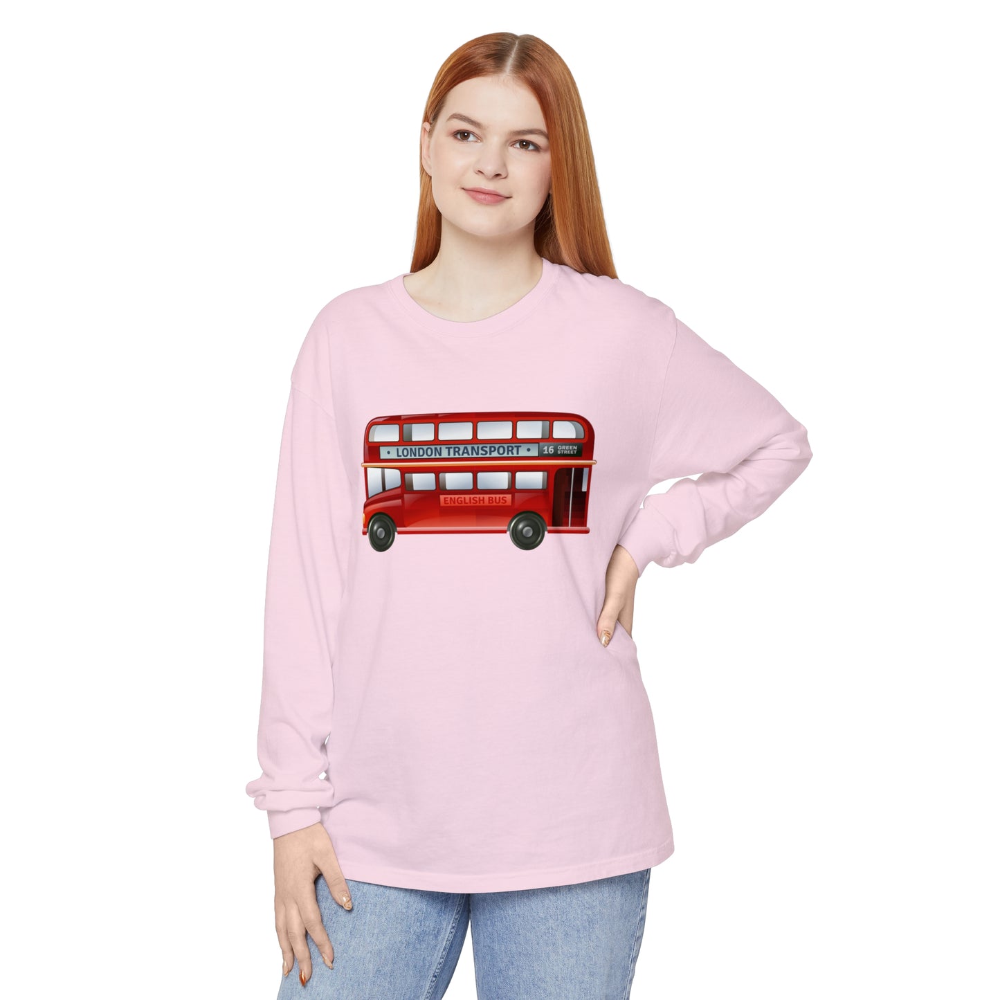 Unisex Garment-dyed Long Sleeve T-Shirt - Through London’s Streets - The Red Double-Decker