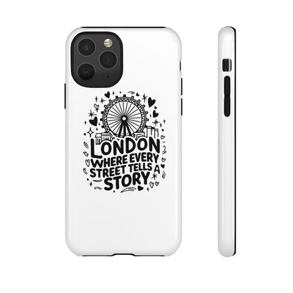 London Story Phone Case, Tough iPhone Cover, Gift for Travelers, London Souvenir, Black Typography Design