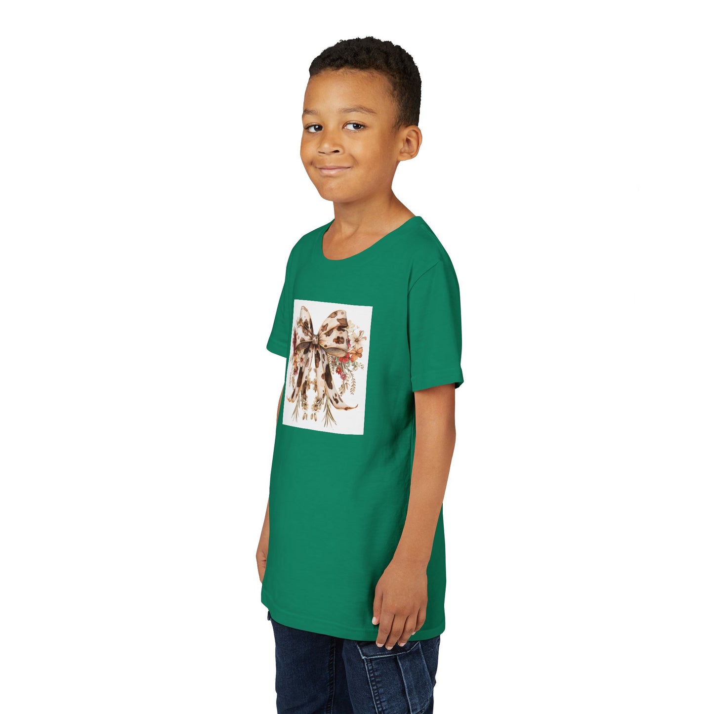 Youth Short Sleeve Tee - Western Floral Bow with Cow Pattern Aesthetic - Cute & Stylish Kids T-Shirt