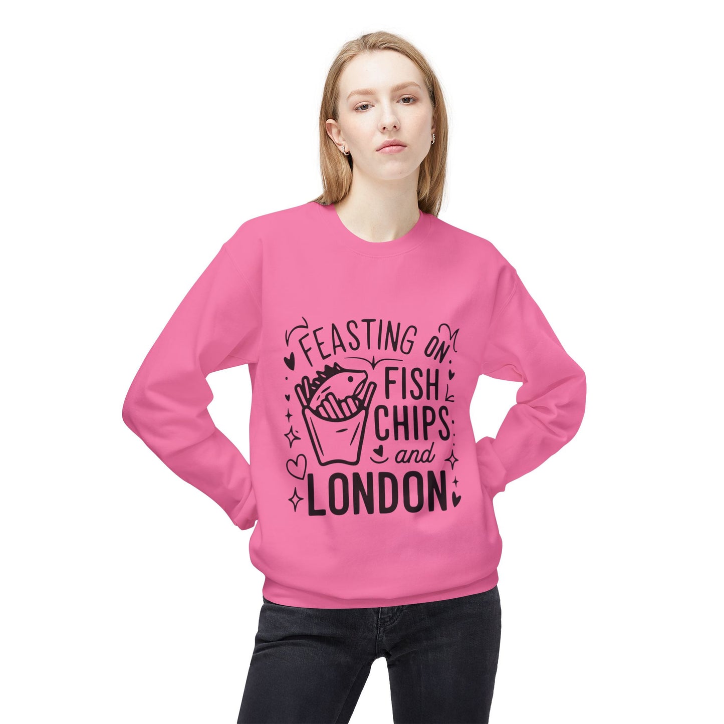 Unisex Midweight Softstyle Fleece Crewneck Sweatshirt - Fish Chips and lovely London