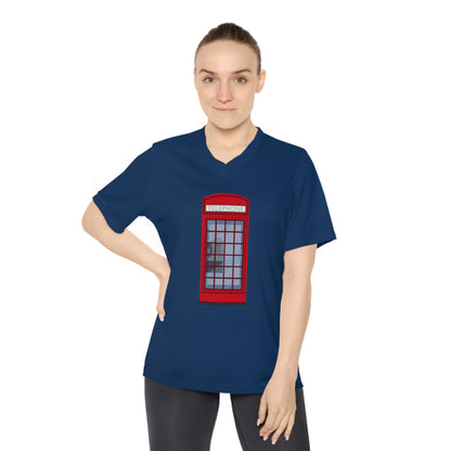 Women's Performance V-Neck T-Shirt - Iconic British Public Telephone - Classic Red Phone Box Design
