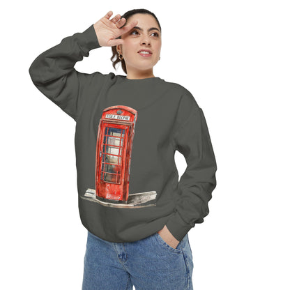 Unisex Garment-Dyed Sweatshirt - Iconic British Public Telephone - Classic Red Phone Box Design