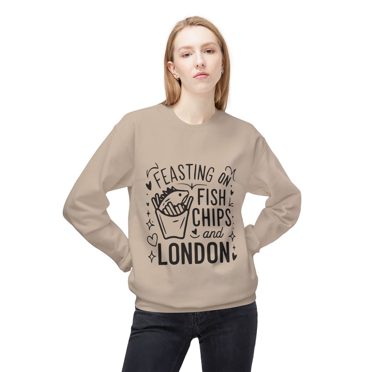 Unisex Midweight Softstyle Fleece Crewneck Sweatshirt - Fish Chips and lovely London