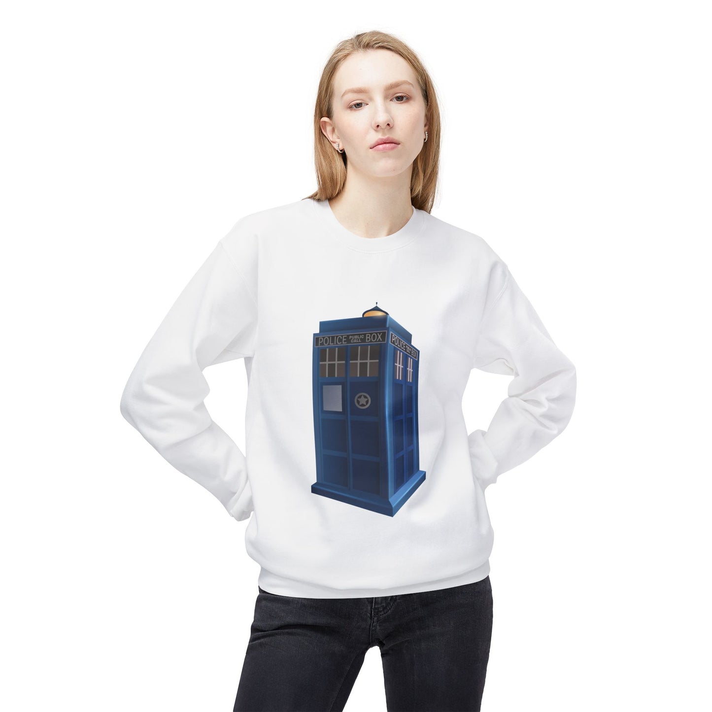Unisex Midweight Softstyle Fleece Crewneck Sweatshirt - British Police Public Call Box - Iconic TARDIS Design