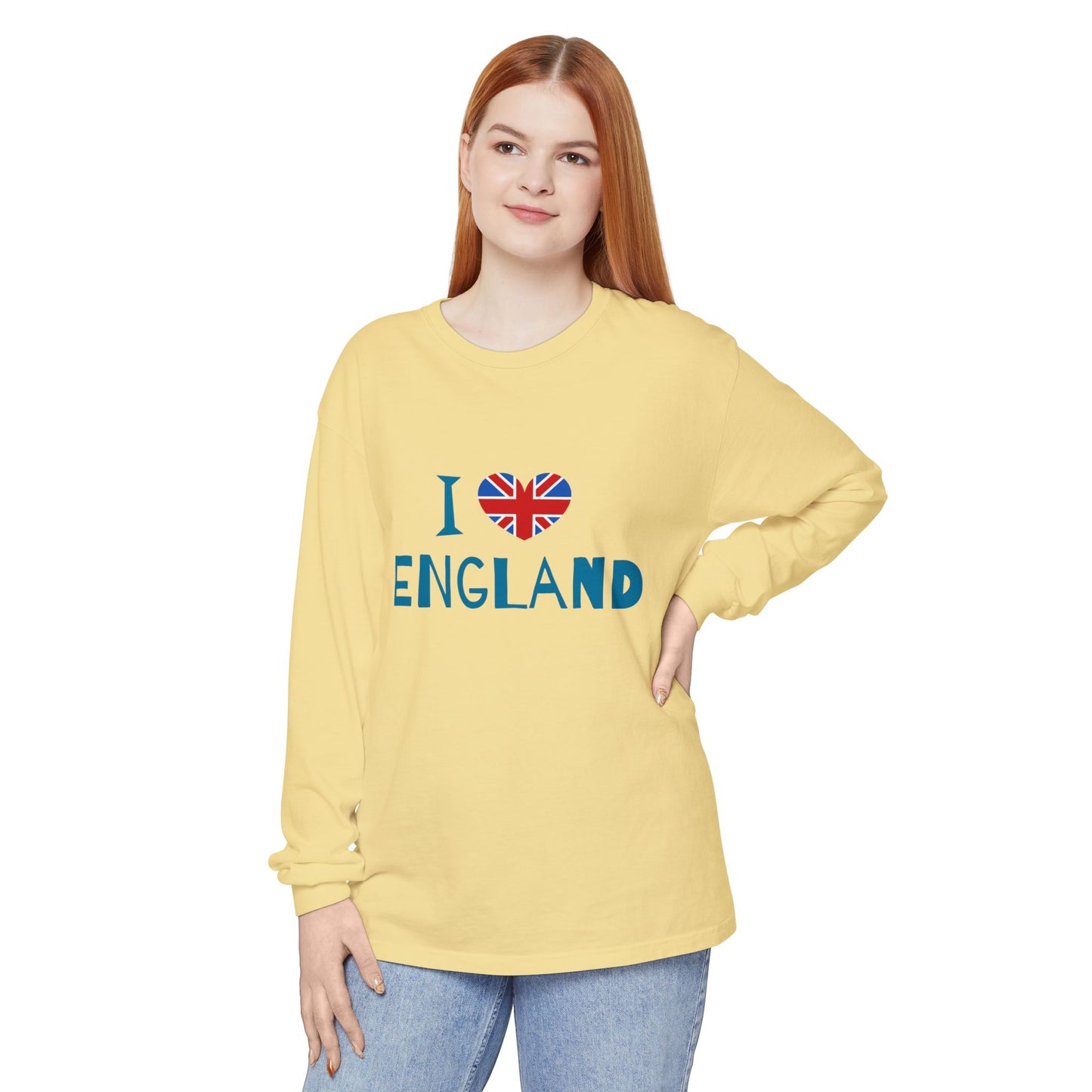 Unisex Garment-dyed Long Sleeve T-Shirt - I Love England - Union Jack Heart Design
