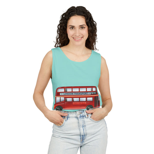Unisex Garment-Dyed Tank Top - Vintage British Double-Decker Bus Art Print