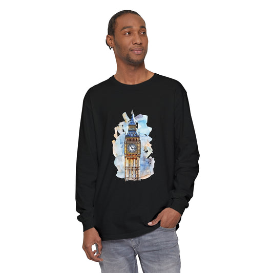 Unisex Garment-dyed Long Sleeve T-Shirt - Iconic Big Ben Clock Tower Design - London Landmark