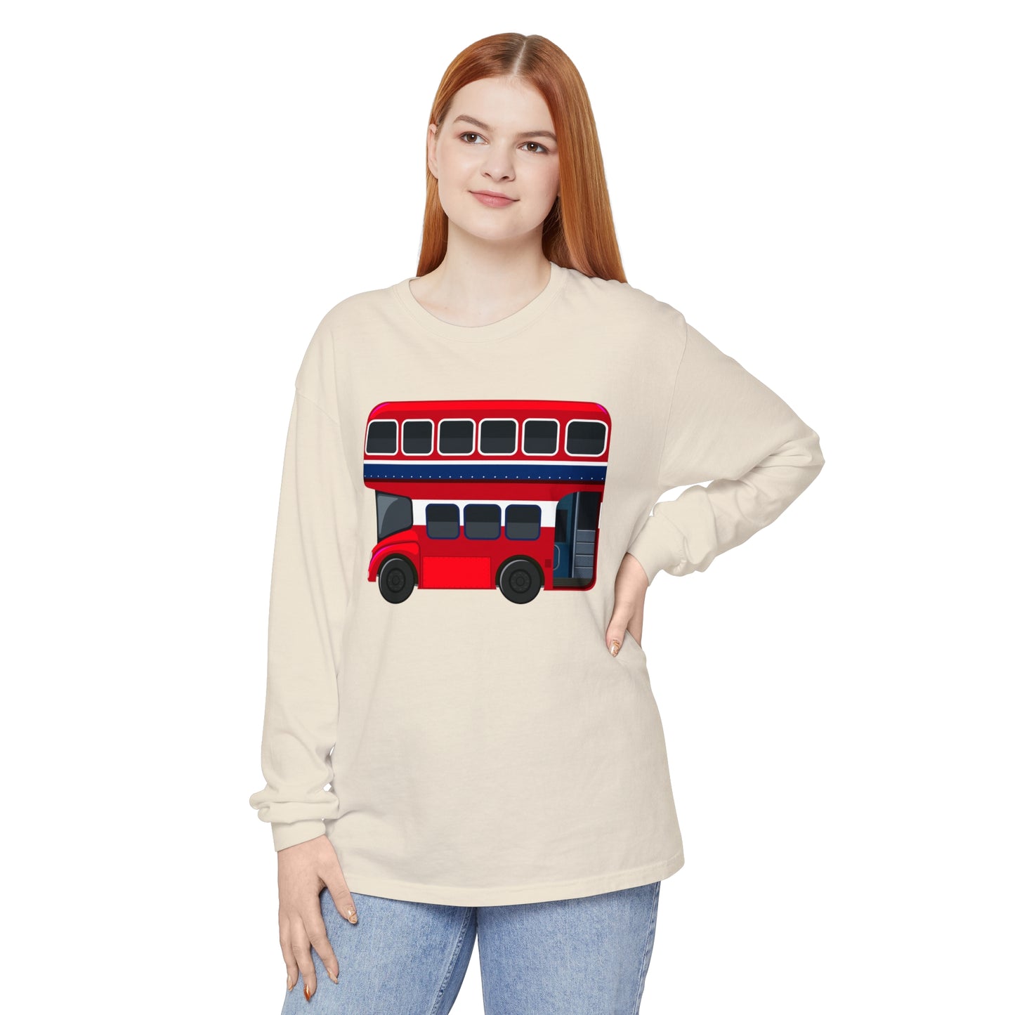 Unisex Garment-dyed Long Sleeve T-Shirt - The Heart of London - Iconic Double-Decker Buses