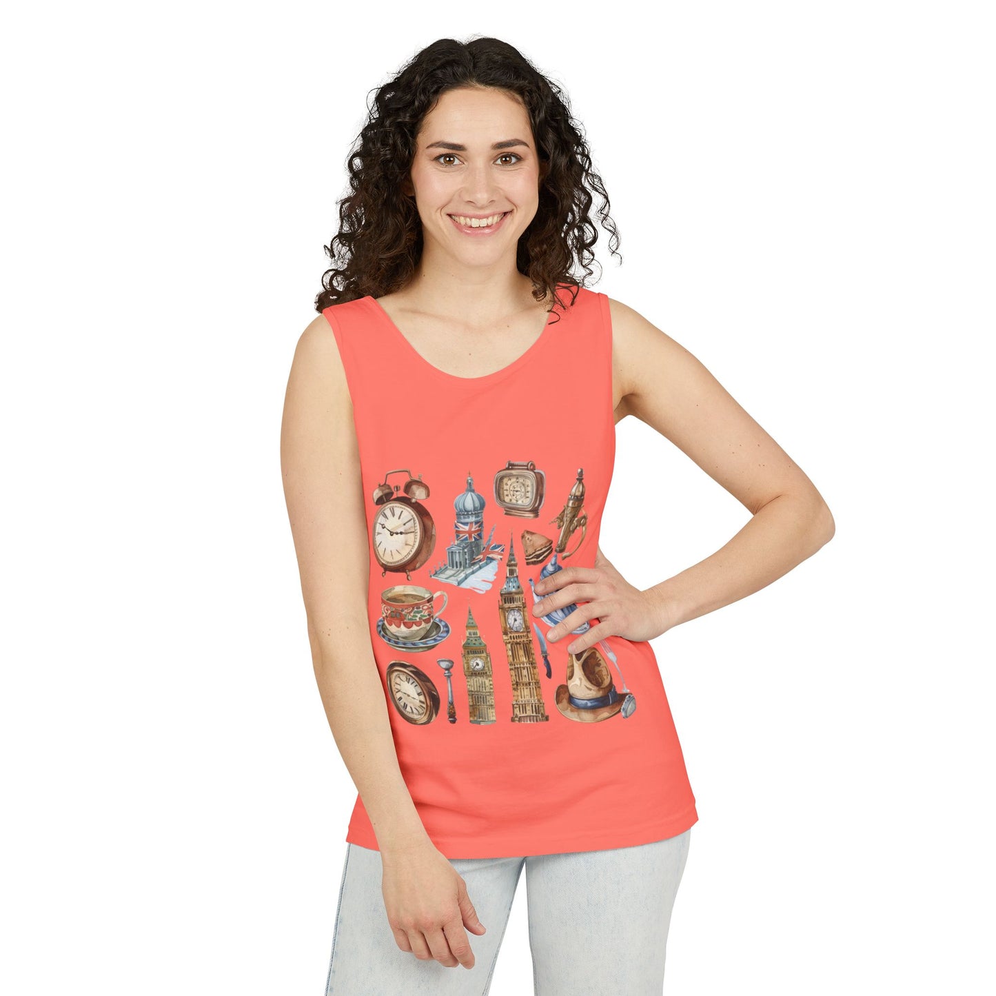 Unisex Garment-Dyed Tank Top - Iconic England Landmarks Illustration Print