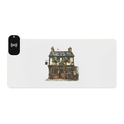 British Pub Exterior – Cozy Local Spot - LED Gaming Mouse Pad with Wireless Charging Station, Gamer Essentials, Desk Accessories, Tech Gifts, Modern Workspace