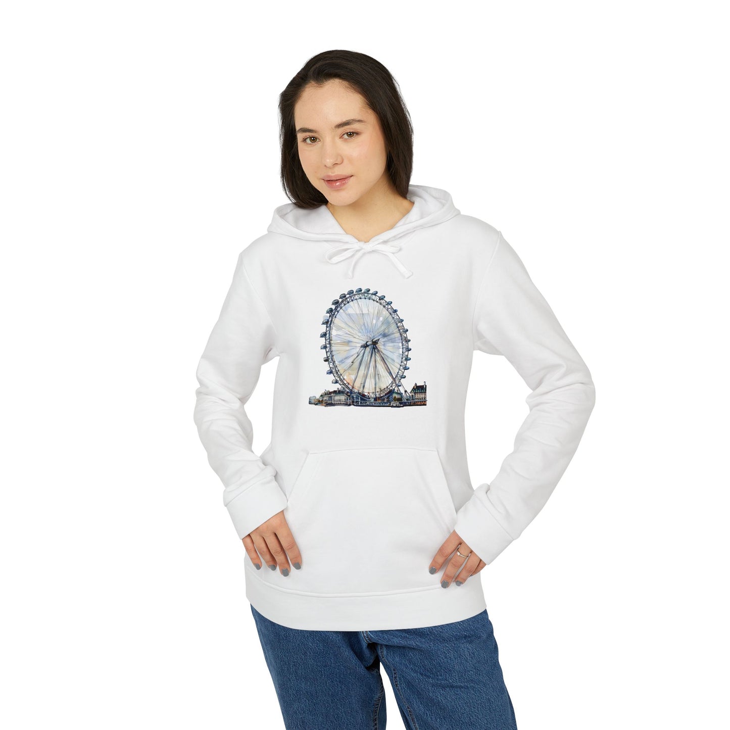 adidas Unisex Fleece Hoodie - London Eye - Iconic Ferris Wheel Watercolor Art