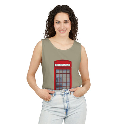 Unisex Garment-Dyed Tank Top - Iconic British Public Telephone - Classic Red Phone Box Design