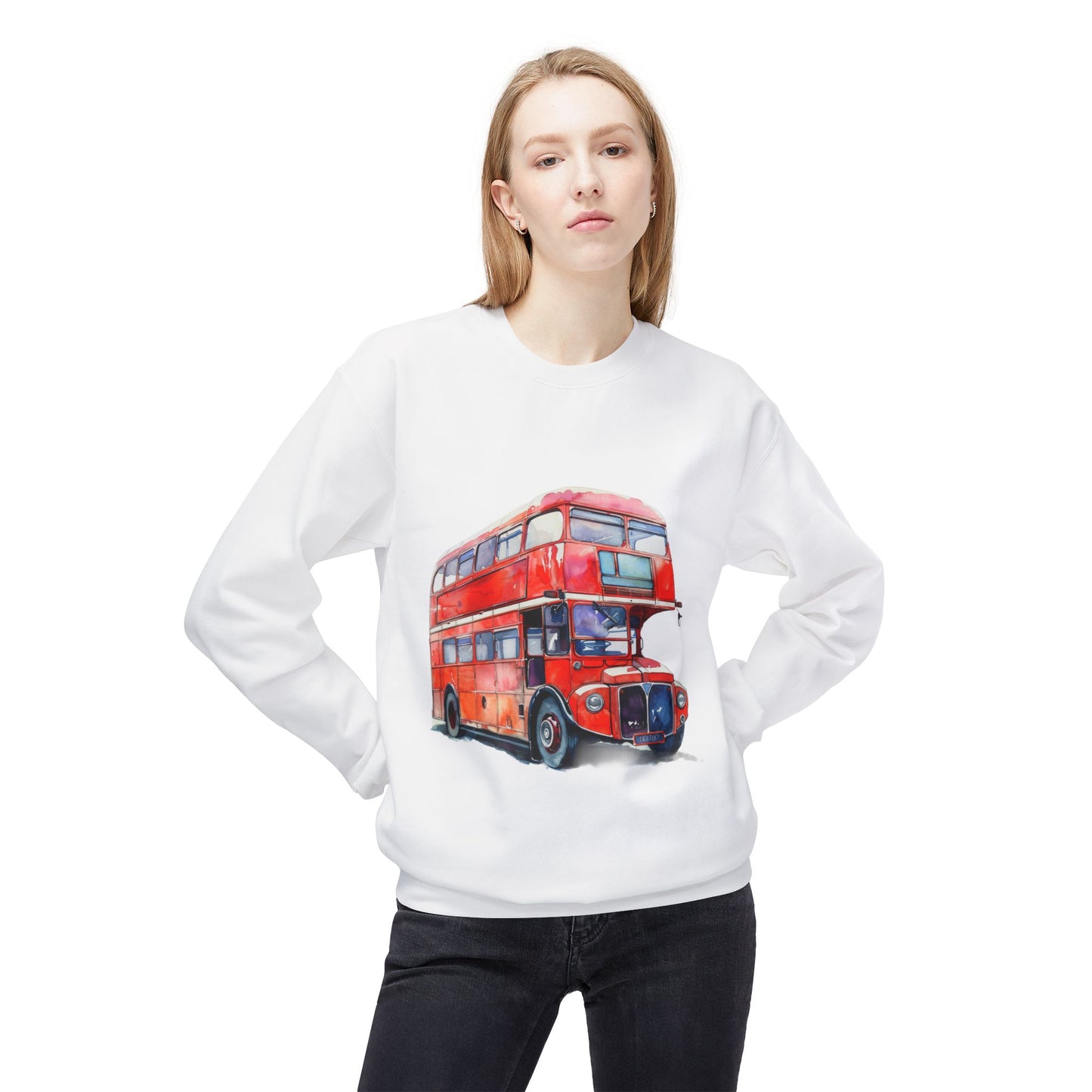Unisex Midweight Softstyle Fleece Crewneck Sweatshirt - London Transport English Bus - Iconic Red Double-Decker Design