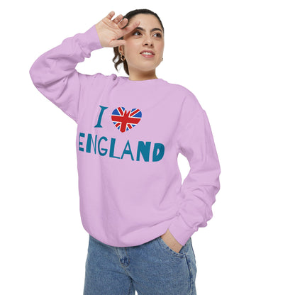 Unisex Garment-Dyed Sweatshirt - I Love England - Union Jack Heart Design