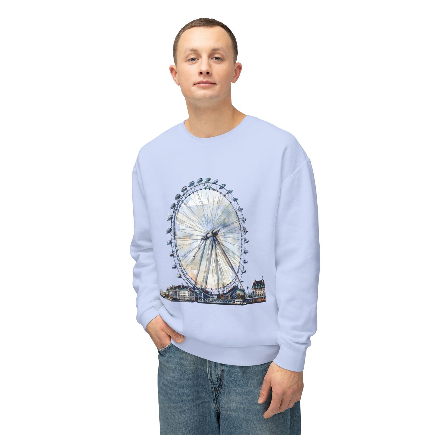 Unisex Lightweight Crewneck Sweatshirt - London Eye - Iconic Ferris Wheel Watercolor Art