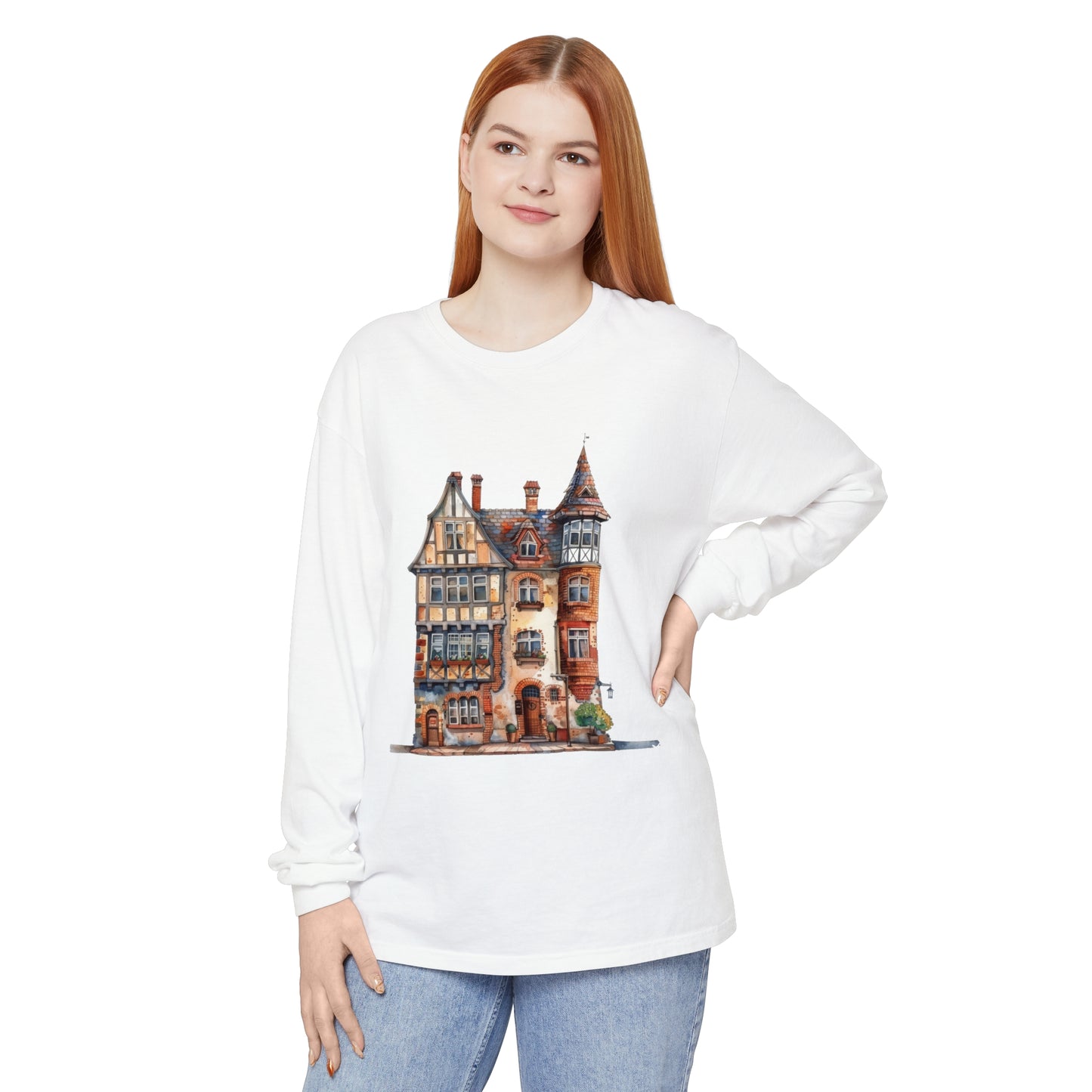 Unisex Garment-dyed Long Sleeve T-Shirt - Charming British House - Classic Design and Warmth